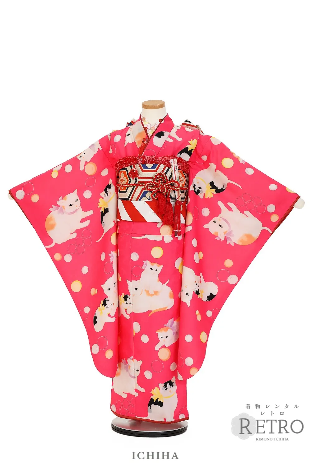 7歳七五三レンタル アンティーク復刻 水玉猫ピンク